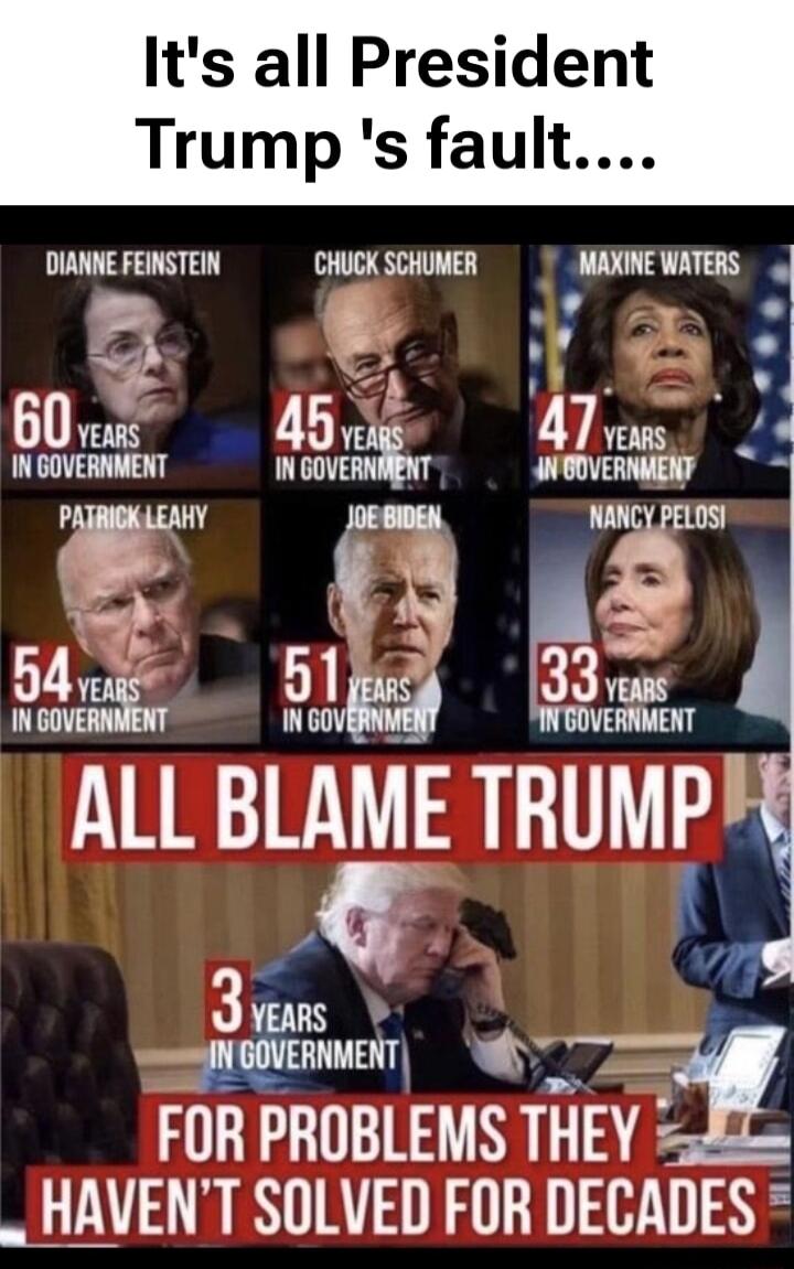 Its all President Trump s fault DIANNE FEINSTEIN CHUCK SCHUMER MAXINE WATERS 4 B WLV Mt M g e neE M iy B ALL BLAME TRUMPS An A P FOR PROBLEMS THEY HAVENT SOLVED FOR DECADES