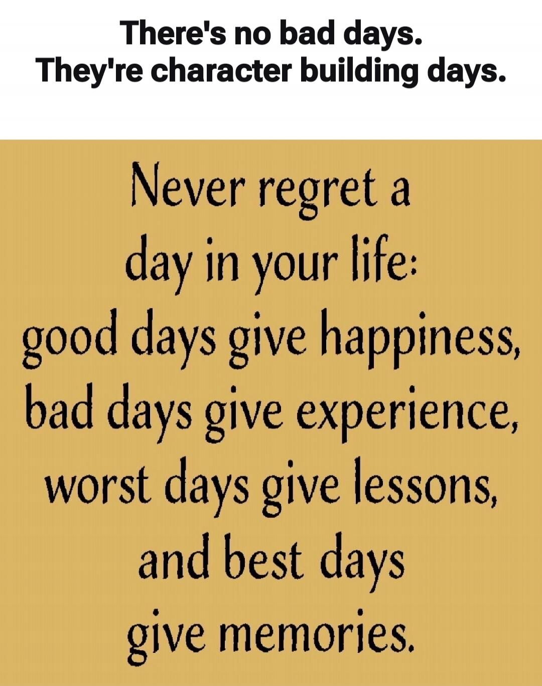 There's no bad days. They're character building days. Never regret a day in your life: good days give happiness, bad days give experience, worst days give lessons, and best days give memories.
