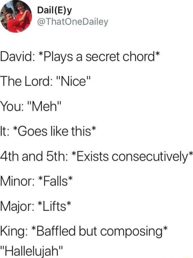 DailEy ThatOneDailey David Plays a secret chord The Lord Nice You Meh It Goes like this 4th and 5th Exists consecutively Minor Falls Major Lifts King Baffled but composing Hallelujah