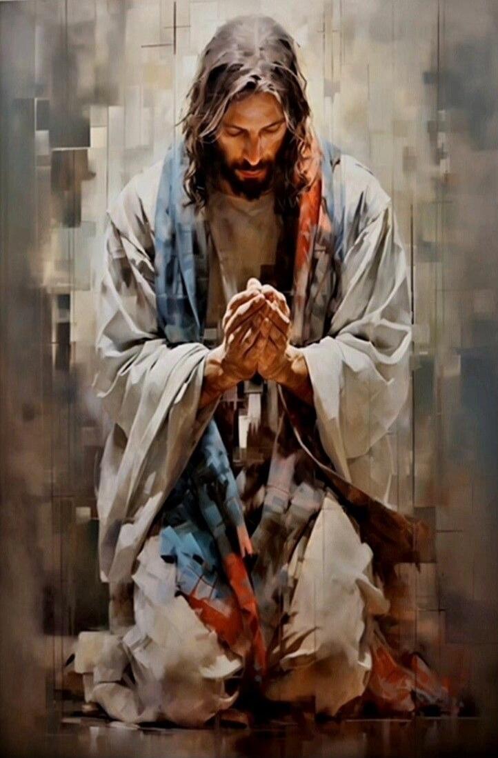 A religious depiction of Jesus Christ kneeling in prayer with hands clasped.