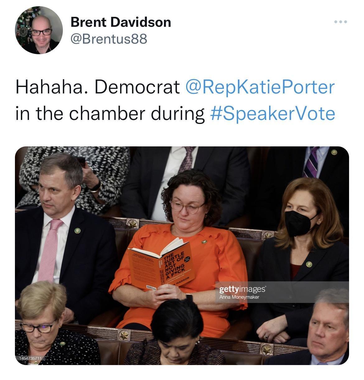 Brent Davidson Brentus88 Hahaha Democrat RepKatiePorter in the chamber during SpeakerVote