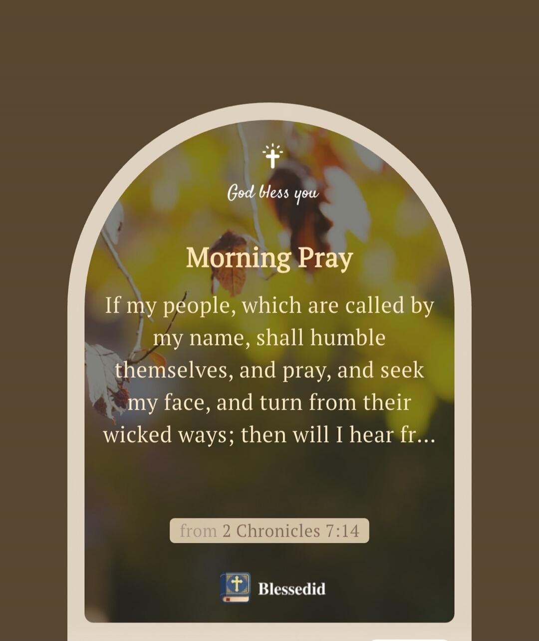 God bless you
Morning Pray
If my people, which are called by my name, shall humble themselves, and pray, and seek my face, and turn from their wicked ways; then will I hear fr...
from 2 Chronicles 7:14