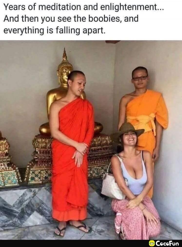 Years of meditation and enlightenment... And then you see the boobies, and everything is falling apart.