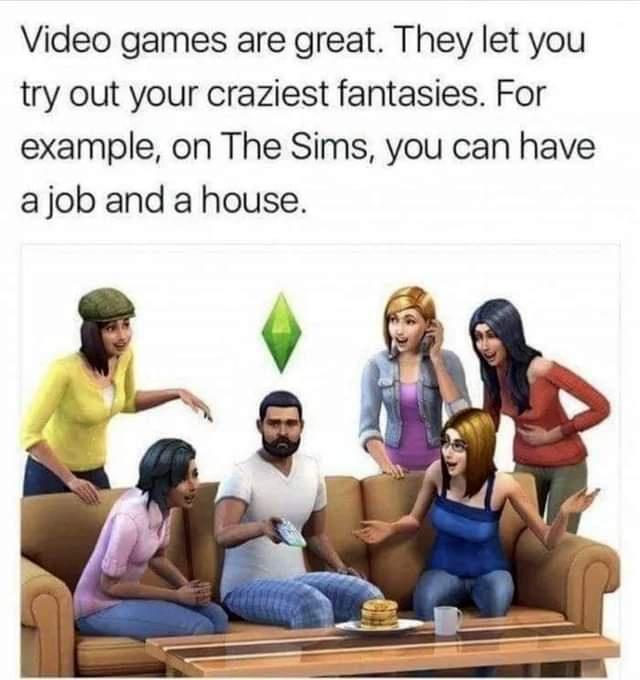 Video games are great They let you try out your craziest fantasies For example on The Sims you can have ajob and a house