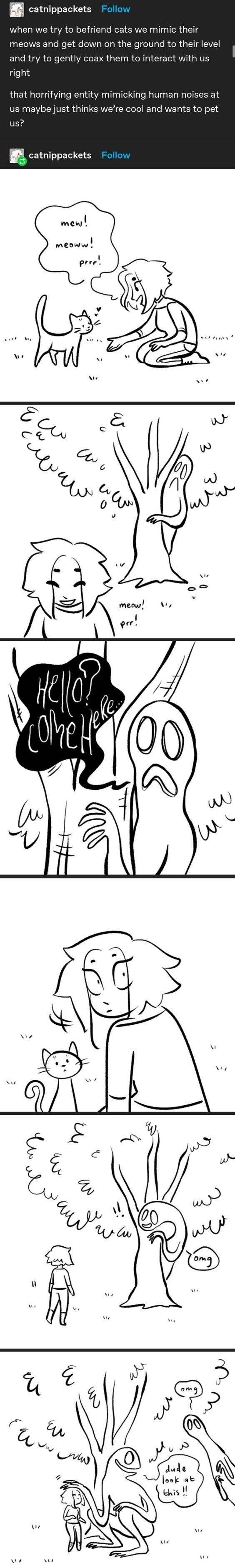 B catnippackets when we try to befriend cats we mi meows and and try to gently right that horrifying entity icking human noises at us maybe just thinks were cool and wants to pet us E catnippackets