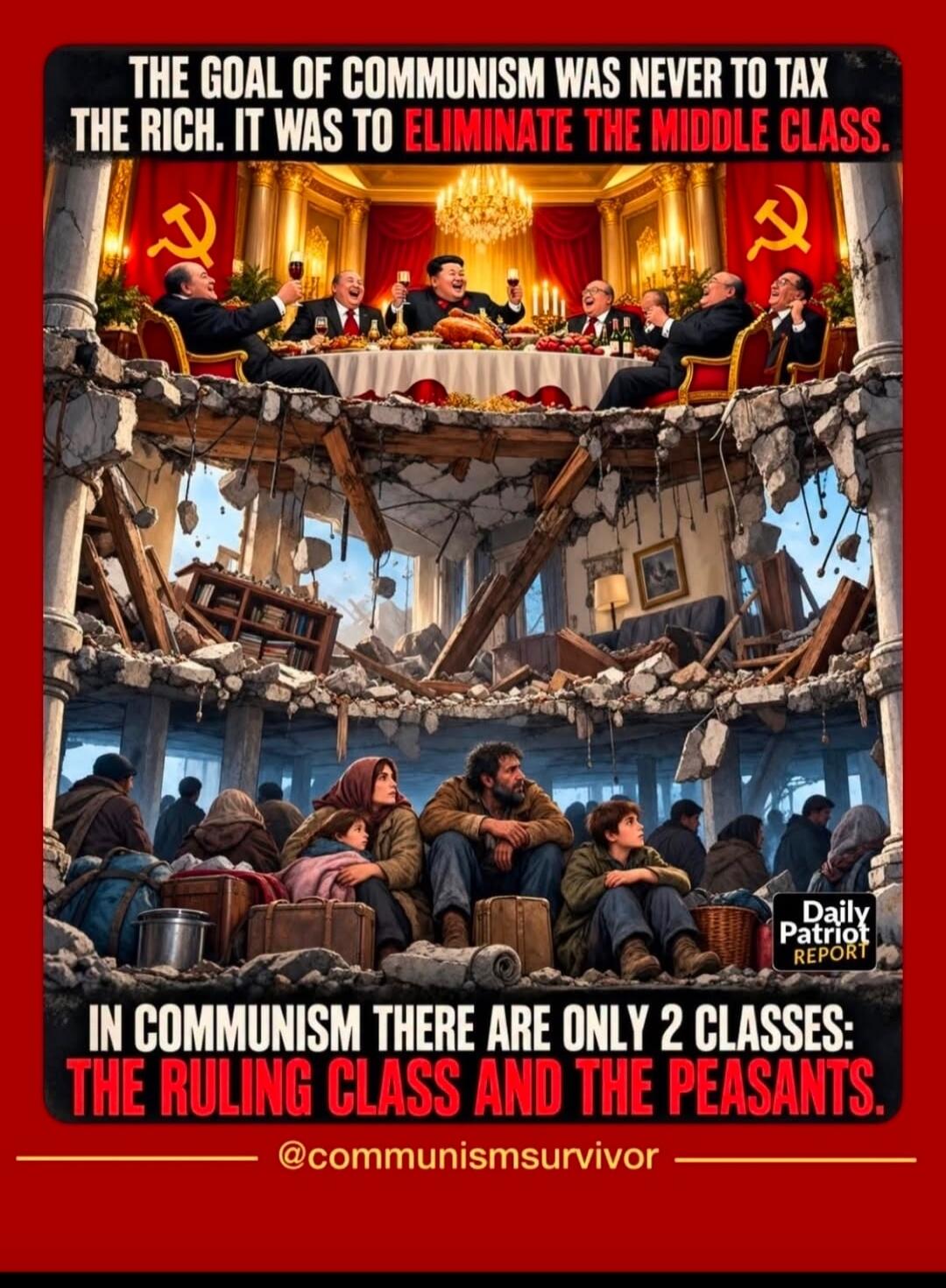 THE GOAL OF COMMUNISM WAS NEVER TO TAX THE RICH. IT WAS TO ELIMINATE THE MIDDLE CLASS. Daily Patriot REPORT IN COMMUNISM THERE ARE ONLY 2 CLASSES: THE RULING CLASS AND THE PEASANTS. @communismsurvivor