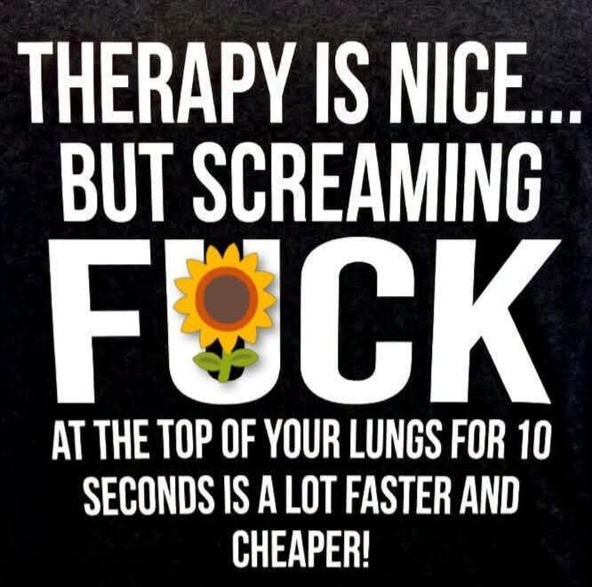 THERAPY IS NICE... BUT SCREAMING FUCK AT THE TOP OF YOUR LUNGS FOR 10 SECONDS IS A LOT FASTER AND CHEAPER!