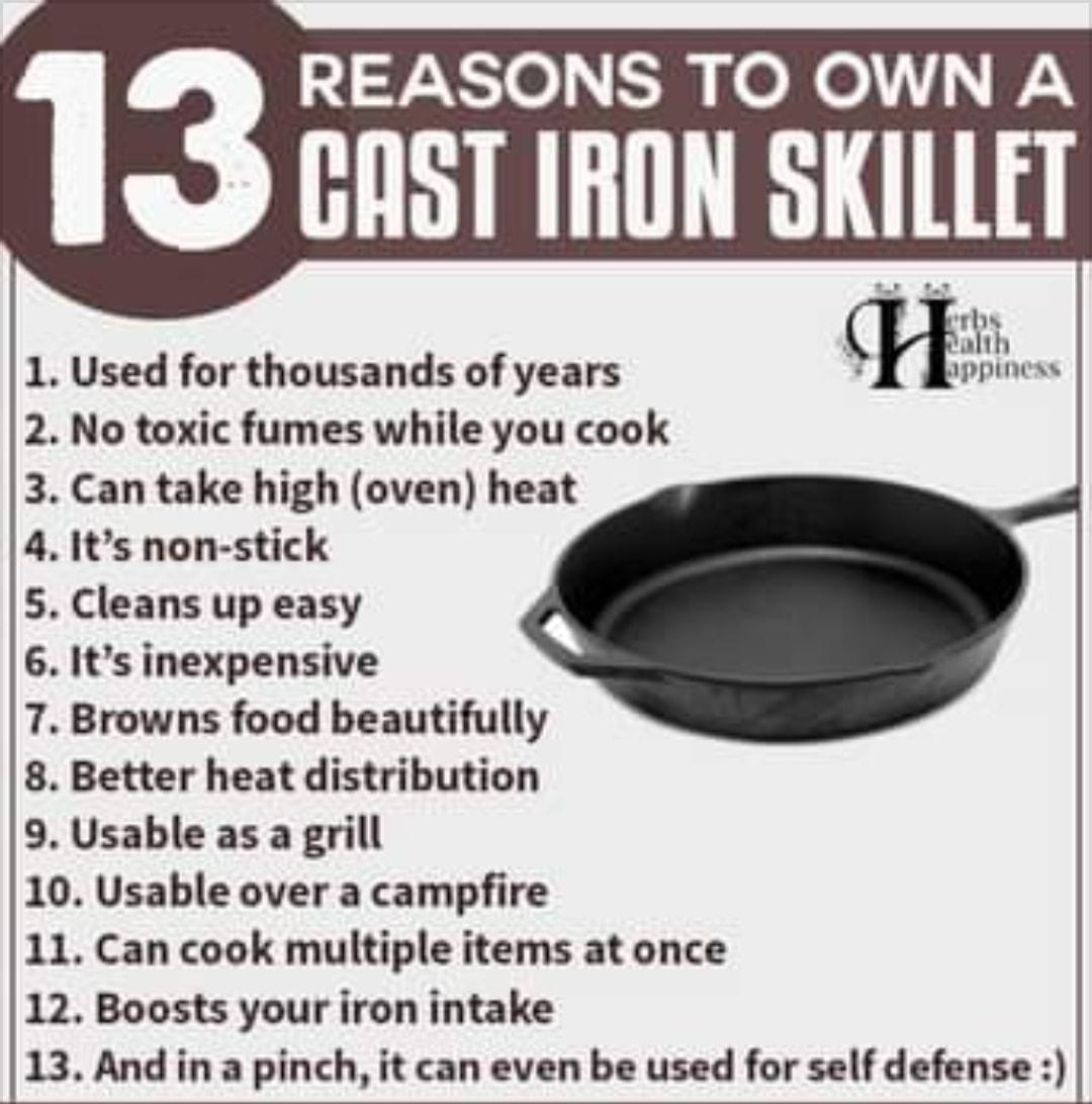 REASONS TO OWN A GAST IRON SKILLET 13 Used for thousands of years No toxic fumes while you cook Can take high oven heat Its non stick Cleans up easy Its inexpensive Browns food beautifully Better heat distribution Usable as a grill 10 Usable over a campfire 11 Can cook multiple items at once 12 Boosts your iron intake 13 And in a pinch it can even be used for self defense W bHWNM