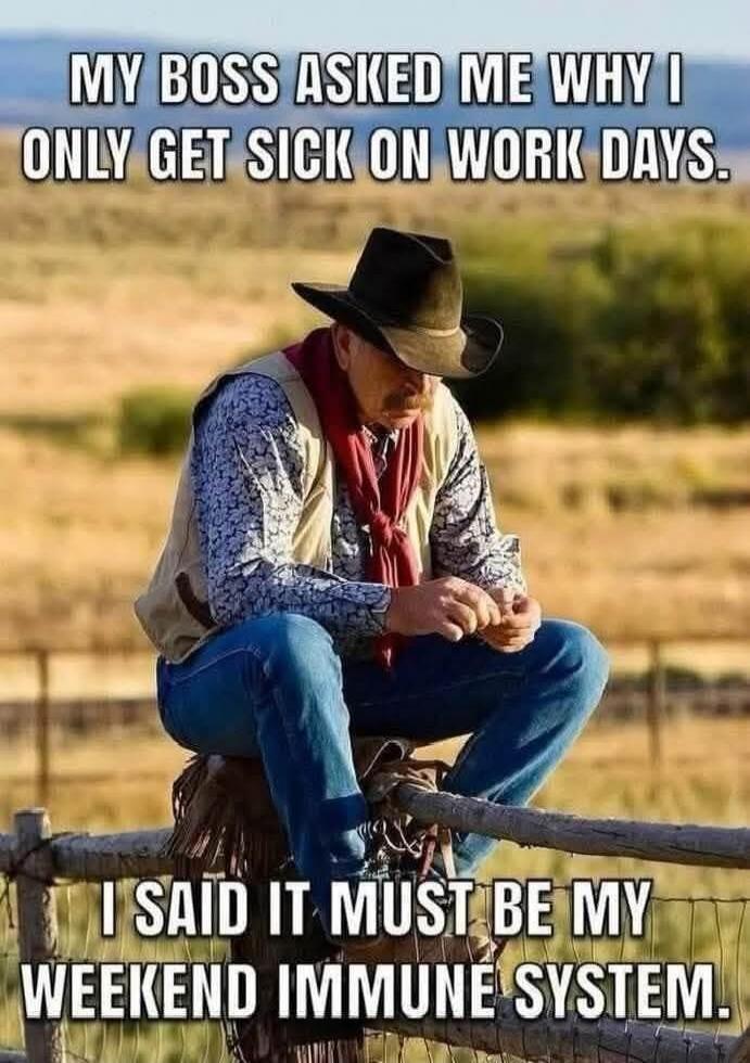 MY BOSS ASKED ME WHY I ONLY GET SICK ON WORK DAYS. I SAID IT MUST BE MY WEEKEND IMMUNE SYSTEM.