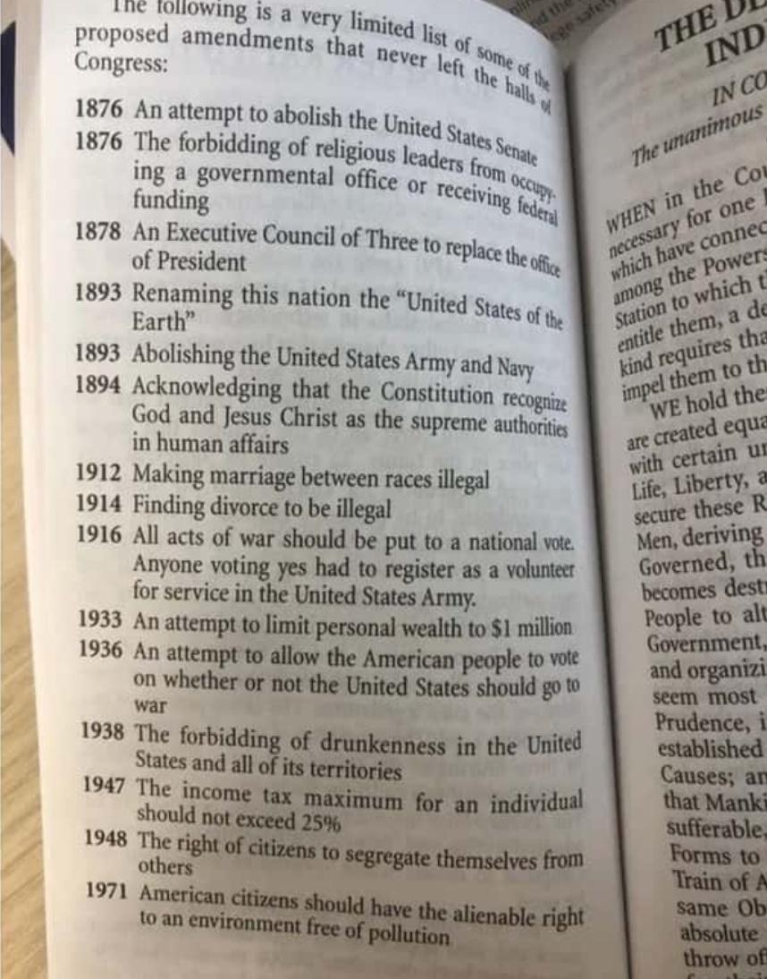 _______ HIC foliowing 1s a ye proposed amendments Congress Ty limi that Never 1876 An attempt to abolish the United 1876 The forbidding of religious gy ing a governmental office of from funding ltctnvmgm 1878 An Executive Council of Three to replace of President th 1893 Renaming this nation the United States of Earth 1893 Abolishing the United States Army and Nayy 1894 Acknowledging that the Const