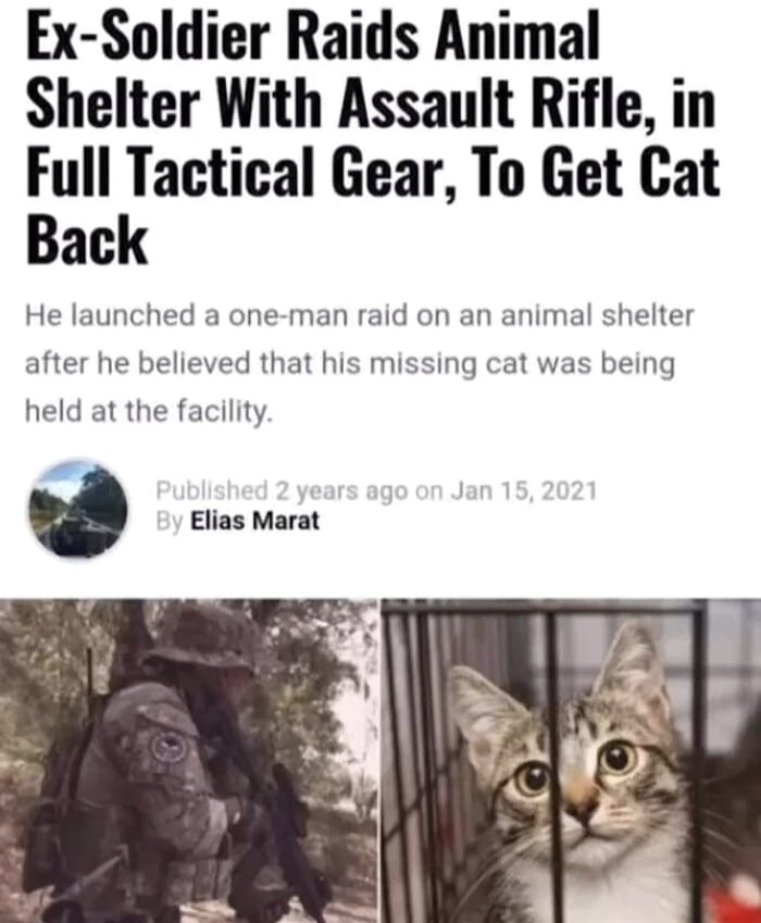 Ex Soldier Raids Animal Shelter With Assault Rifle in Full Tactical Gear To Get Cat Back He launched a one man raid on an animal shelter after he believed that his missing cat was being held at the facility