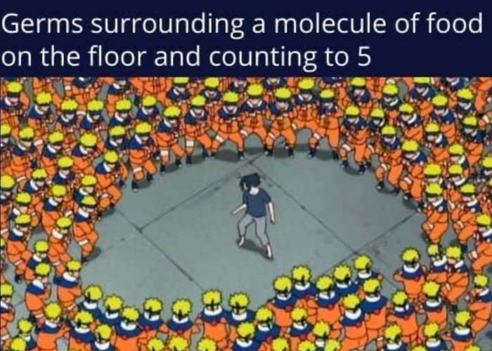 Germs surrounding a molecule of food on the floor and counting to 5