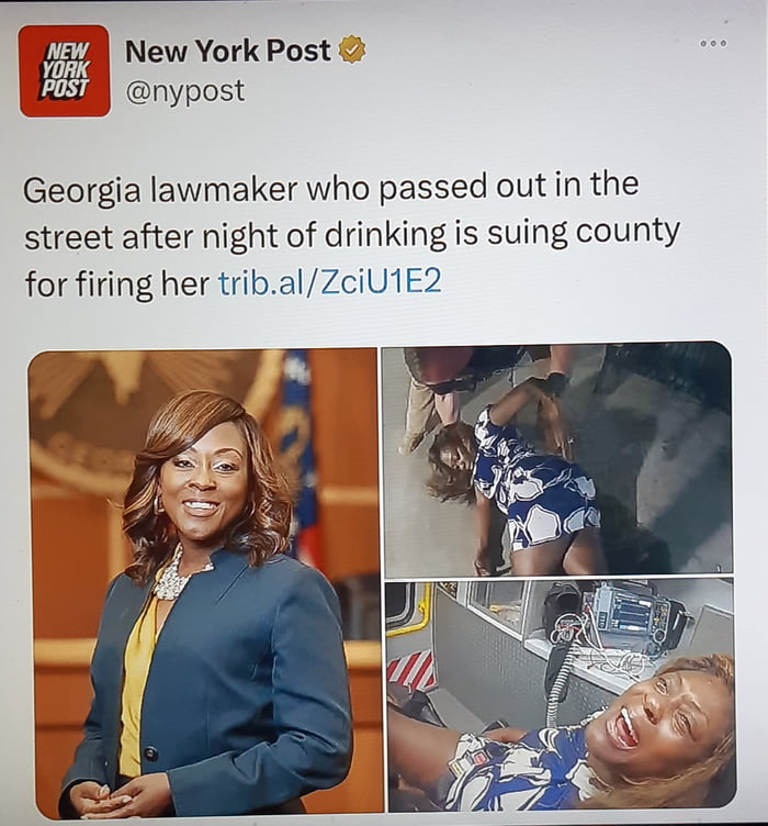 New York Post il nypost Georgia lawmaker who passed out in the street after night of drinking is suing county for firing her tribalZciU1E2