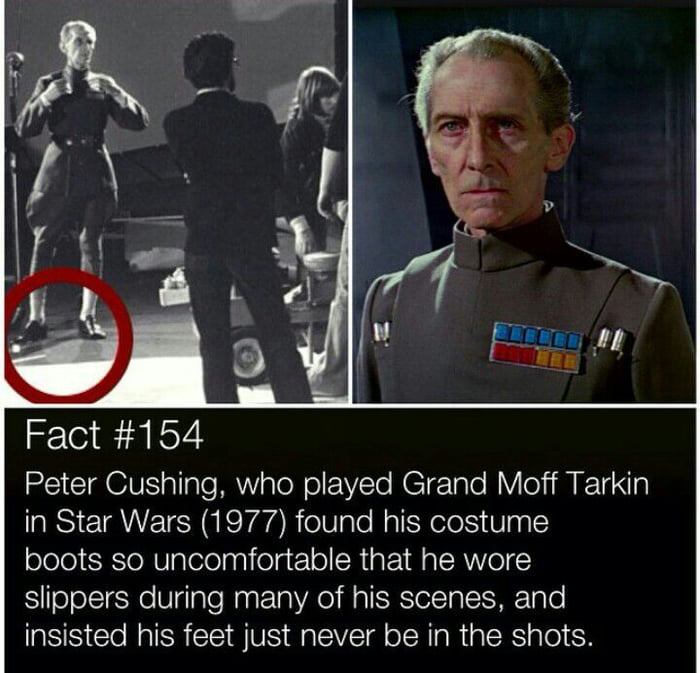 Fact 1564 Peter Cushing who played Grand Moff Tarkin in Star Wars 1977 found his costume boots so uncomfortable that he wore slippers during many of his scenes and insisted his feet just never be in the shots