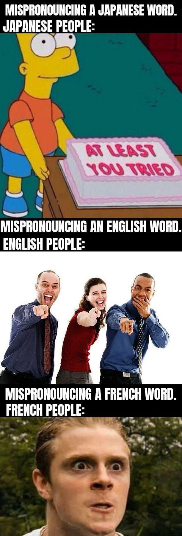 MISPRONOUNCING A JAPANESE WORD JAPANESE PEOPLE L AR 1A O TRED 5 i MISPRONOUNCING AN ENGLISH WORD ENGLISH PEOPLE MISPIIUIIOIIIlGIIl A FRENGH WORD FRENCH PEOPLE T LT W e W ki