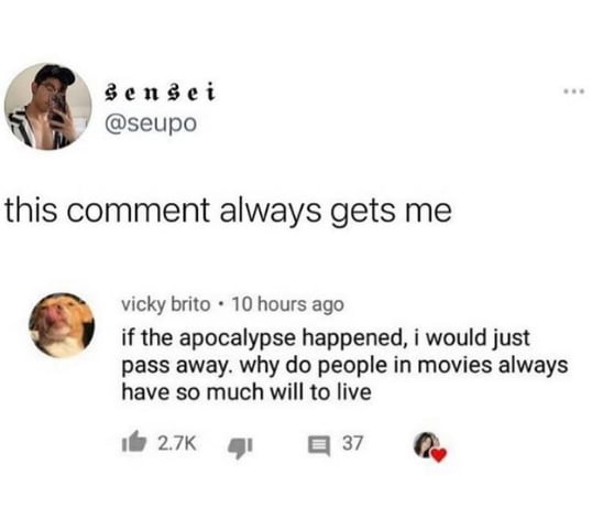 this comment always gets me vicky brito 10 hours ago 3 if the apocalypse happened i would just pass away why do people in movies always have so much will to live i 27K g 037