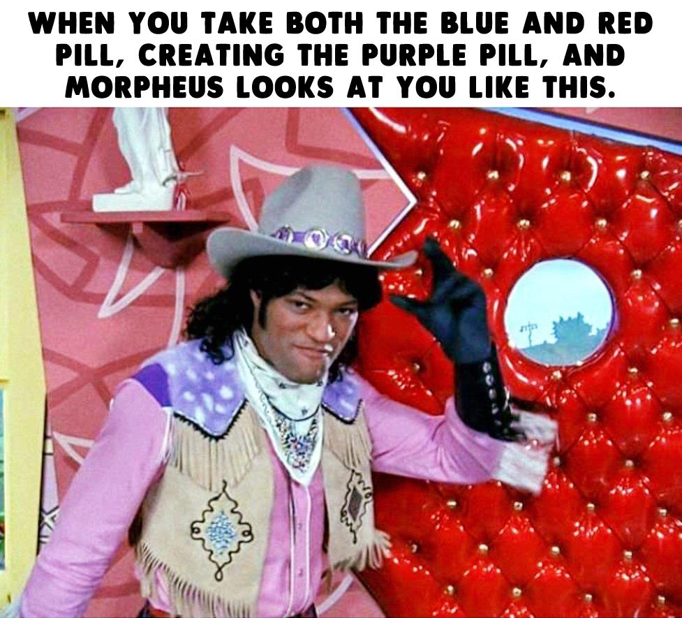 WHEN YOU TAKE BOTH THE BLUE AND RED PILL CREATING THE PURPLE PILL AND MORPHEUS LOOKS AT YOU IIKE THIS __ o T O