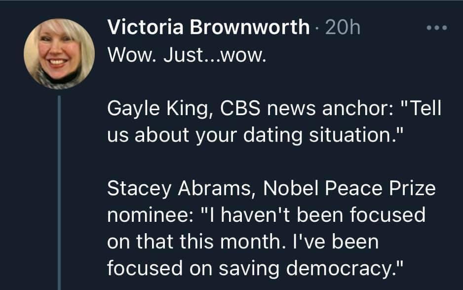 Victoria Brownworth 20h Wow Justwow Gayle King CBS news anchor Tell us about your dating situation I N o 10 S N o o ST Rl T W B g Lol nplTalT HR WA YT o Rl o1TTo I oo To on that this month Ive been focused on saving democracy