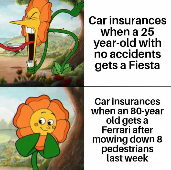 Car insurances when a 25 year old with no accidents gets a Fiesta Carinsurances when an 80 year oldgetsa Ferrari after mowing down 8 pedestrians last week