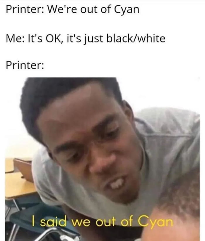 Printer Were out of Cyan Me Its OK its just blackwhite Printer