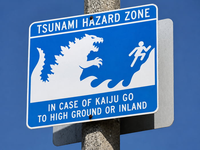 TSUNAMI HAZARD ZONE IN CASE OF KAIJU GO TO HIGH GROUND OR INLAND