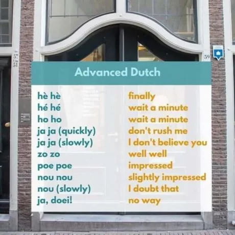 Advanced Dutch hè hè - finally hé hé - wait a minute ho ho - wait a minute ja ja (quickly) - don't rush me ja ja (slowly) - I don't believe you zo zo - well well poe poe - impressed nou nou - slightly impressed nou (slowly) - I doubt that ja, doei! - no way