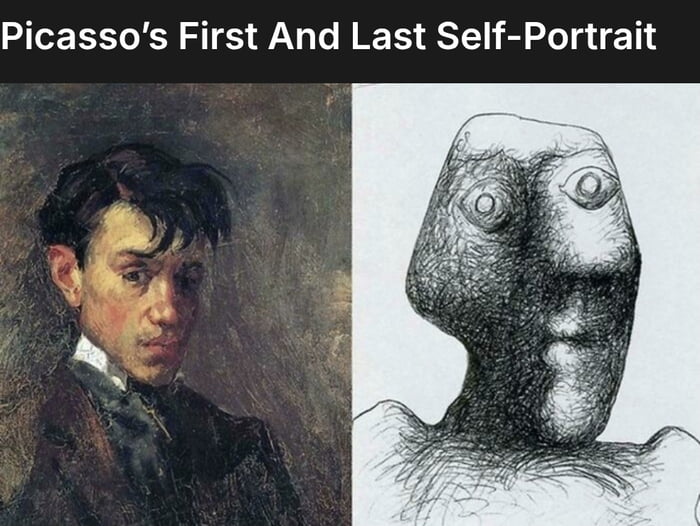 Picasso's First And Last Self-Portrait. The image displays two self-portraits by Pablo Picasso, one from his early career (realistic style) and one from his later years (abstract, cubist style), illustrating the dramatic evolution of his artistic expression.