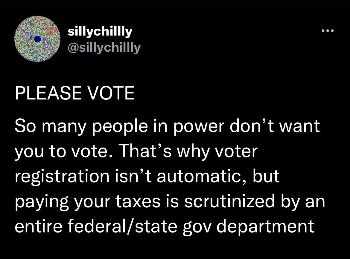 sillychillly sillychillly PLEASE VOTE So many people in power dont want you to vote Thats why voter registration isnt automatic but paying your taxes is scrutinized by an entire federalstate gov department