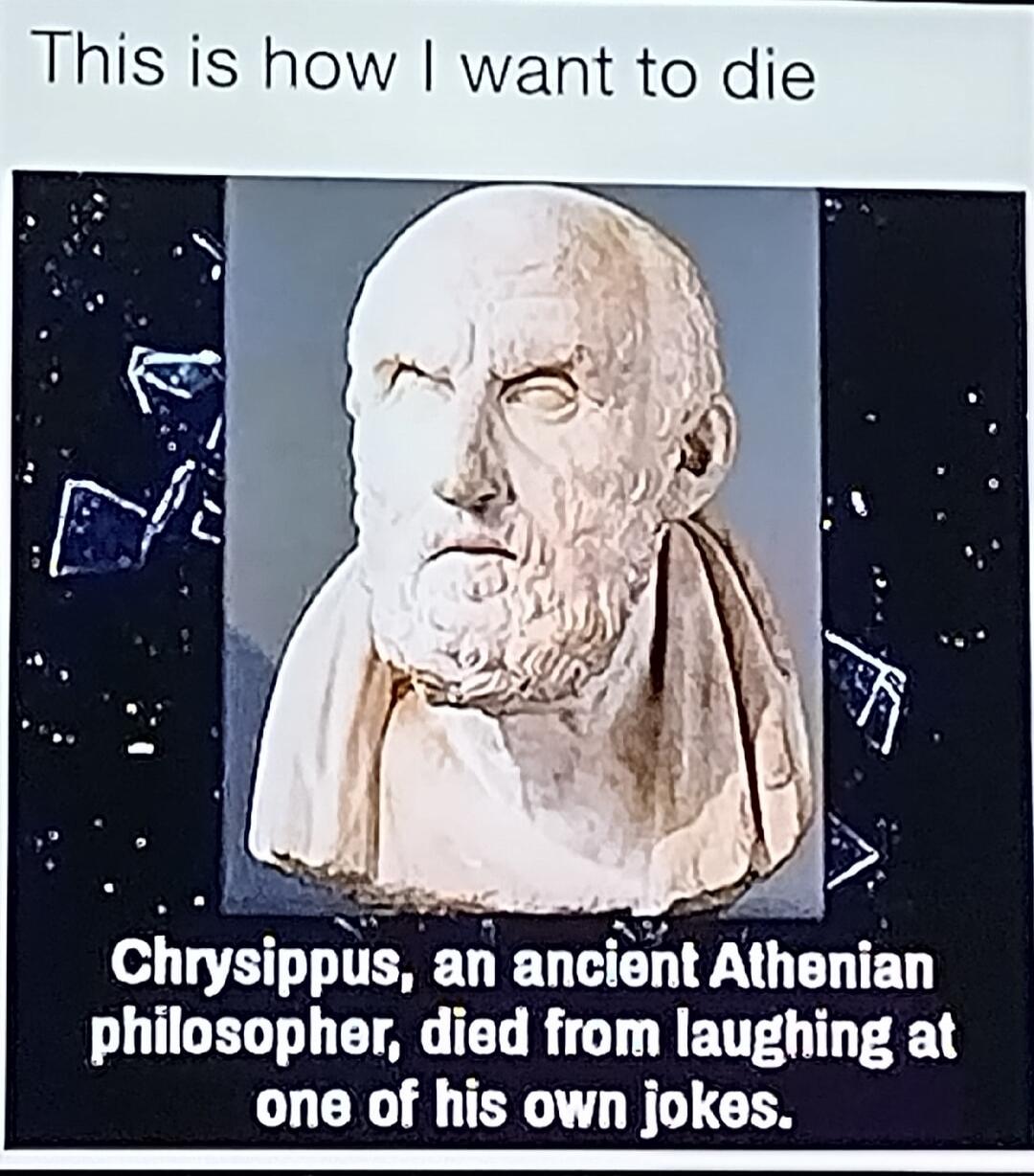 This is how I want to die. Chrysippus, an ancient Athenian philosopher, died from laughing at one of his own jokes.