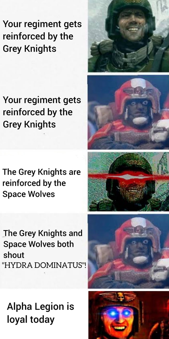 Your regiment gets reinforced by the Grey Knights Your regiment gets reinforced by the Grey Knights The Grey Knights are reinforced by the Space Wolves The Grey Knights and Space Wolves both shout HYDRA DOMINATUS Alpha Legion is loyal today