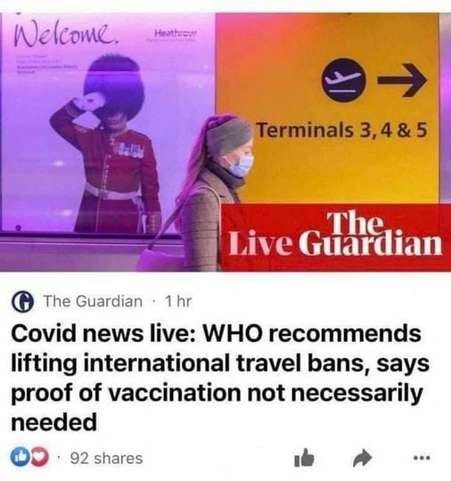 e vnu i The Live Giatdian The Guardian 1hr Covid news live WHO recommends lifting international travel bans says proof of vaccination not necessarily needed D 92 shares e A