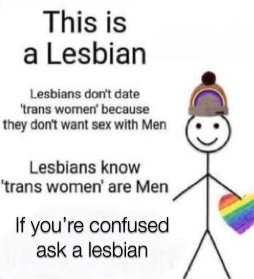 This is a Lesbian. Lesbians don't date 'trans women' because they don't want sex with Men. Lesbians know 'trans women' are Men. If you're confused ask a lesbian.