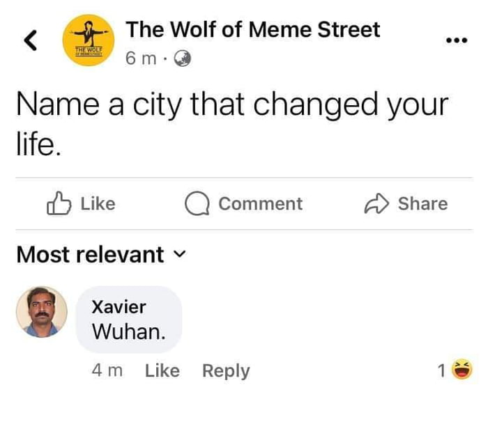 The Wolf of Meme Street 6m Q Name a city that changed your life Y Like Q comment D Share Most relevant v Xavier Wuhan 4m Like Reply 18