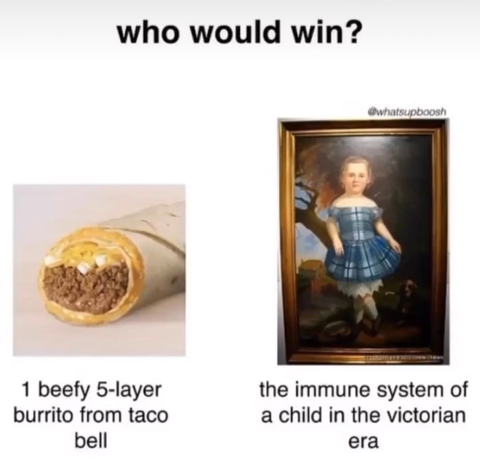 who would win 1 beefy 5 layer the immune system of burrito from taco a child in the victorian bell era