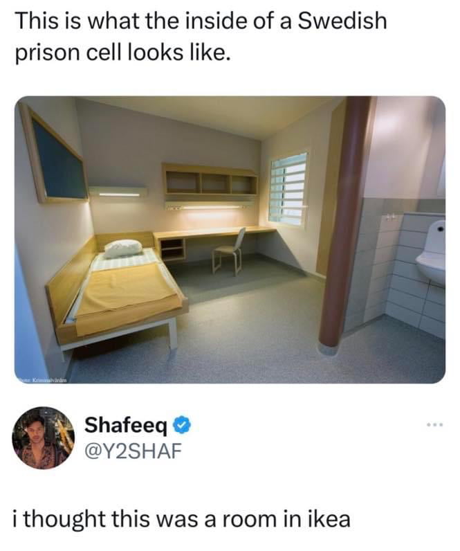 This is what the inside of a Swedish prison cell looks like Shafeeq Y2SHAF i thought this was a room in ikea