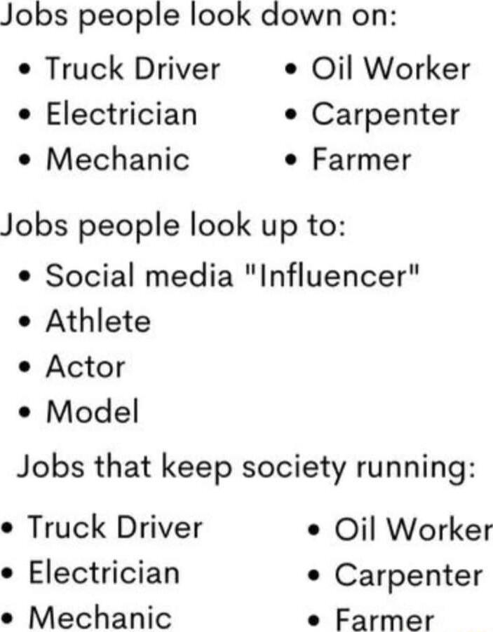 Jobs people look down on e Truck Driver Oil Worker e Electrician Carpenter Mechanic e Farmer Jobs people look up to Social media Influencer Athlete Actor Model Jobs that keep society running e Truck Driver Oil Worker e Electrician e Carpenter e Mechanic e Farmer