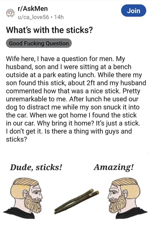 rAskMen uca_love56 14h Whats with the sticks Wife here have a question for men My husband son and were sitting at a bench outside at a park eating lunch While there my son found this stick about 2ft and my husband commented how that was a nice stick Pretty unremarkable to me After lunch he used our dog to distract me while my son snuck it into the car When we got home found the stick in our car Wh