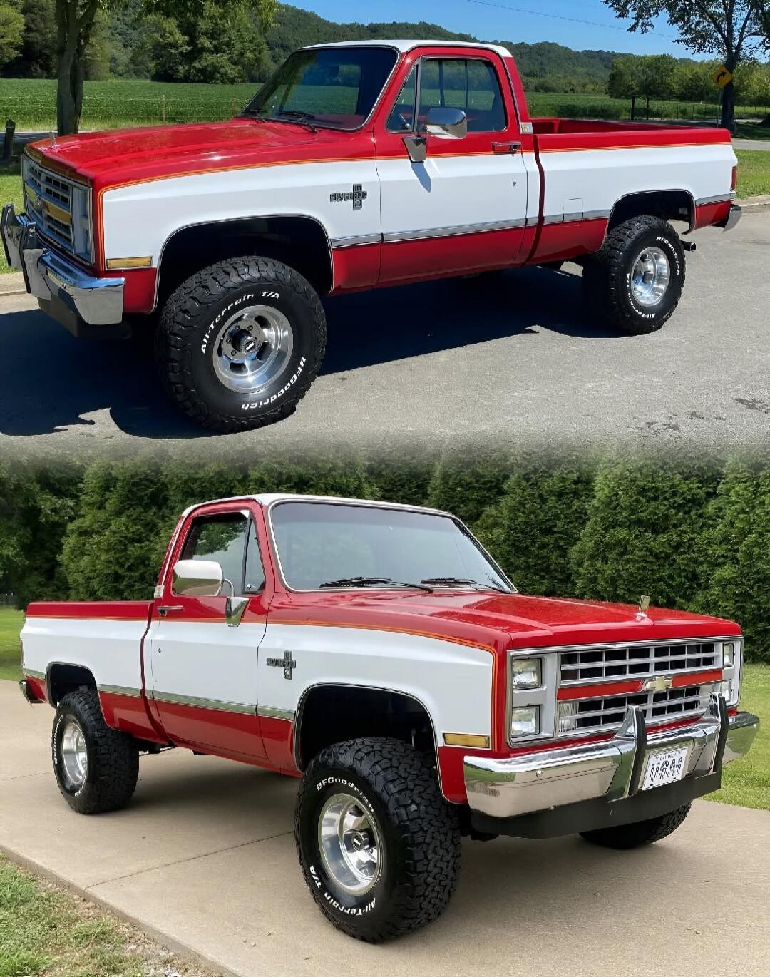 Two-tone red and white vintage Chevrolet pickup trucks shown from a side view and a front three-quarter view.