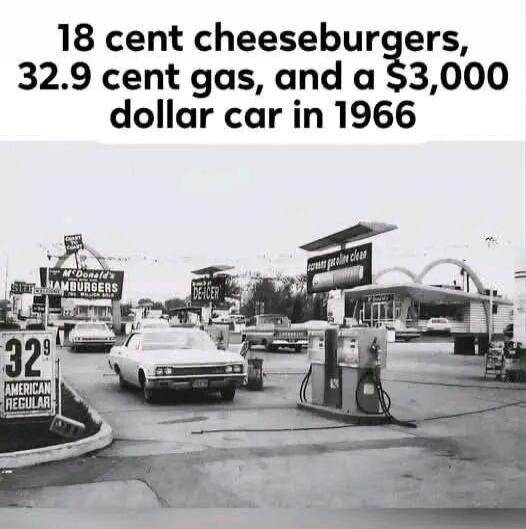 18 cent cheeseburgers, 32.9 cent gas, and a $3,000 dollar car in 1966. McDonald's Hamburgers. 32.9 American Regular. Screen gasoline clean. De-icer.