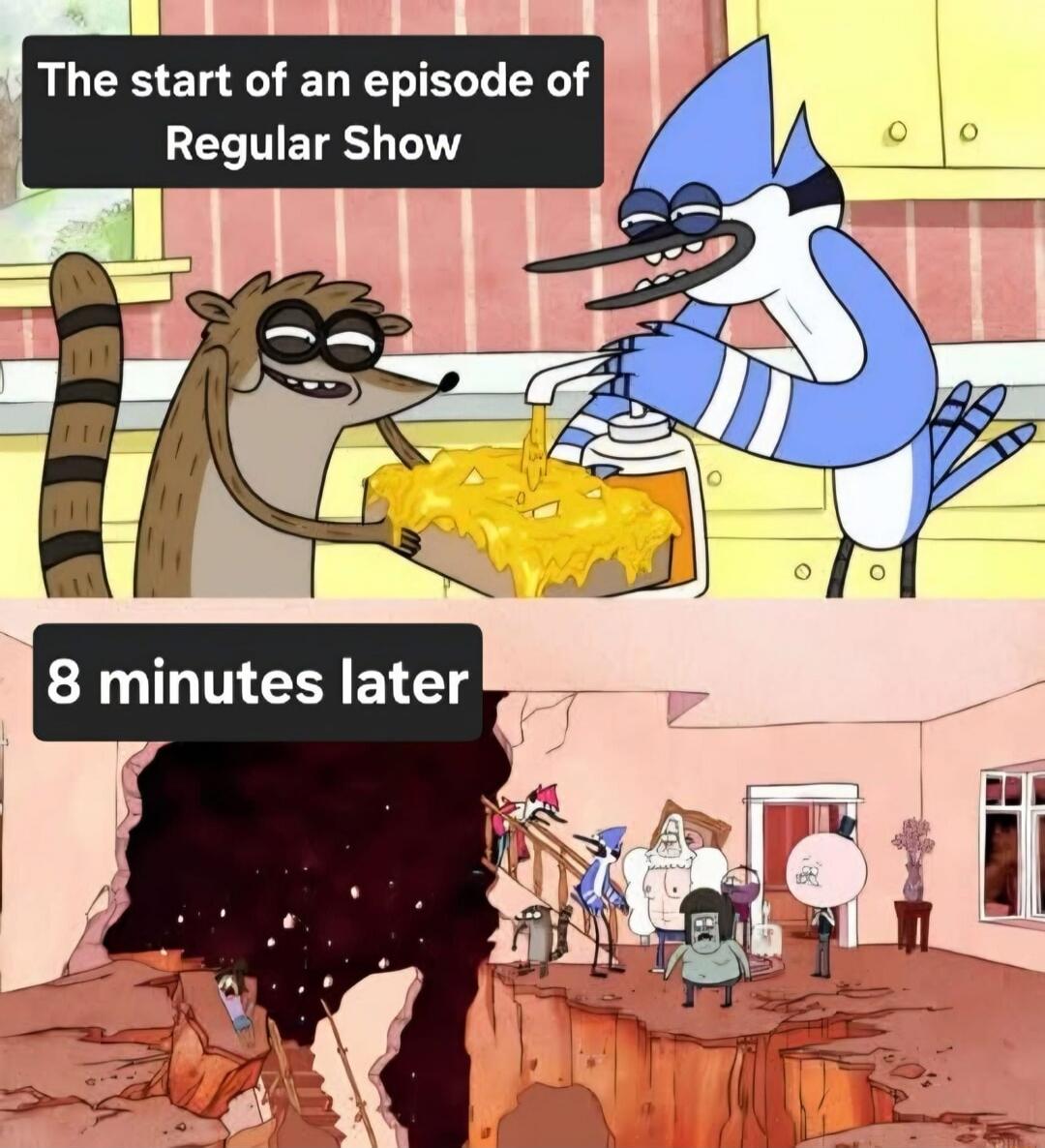 The start of an episode of Regular Show. 8 minutes later.