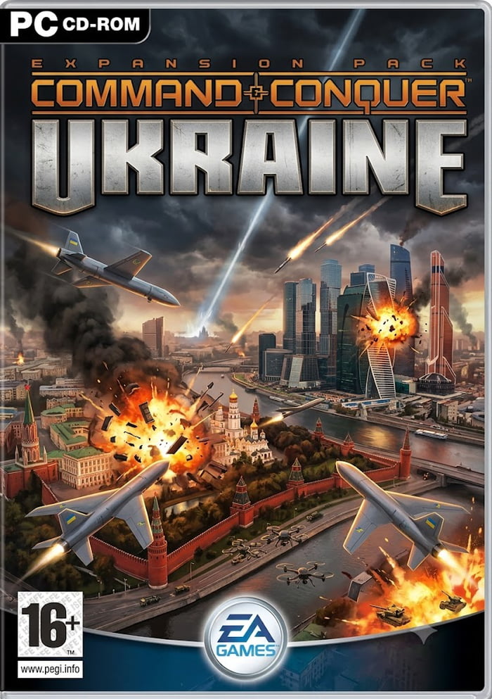 PC CD-ROM EXPANSION PACK COMMAND & CONQUER UKRAINE 16+ www.pegi.info EA GAMES. A parody game cover for 'Command & Conquer: Ukraine' showing a city resembling Moscow under attack with explosions, military aircraft, and missiles. The image depicts a war scenario.