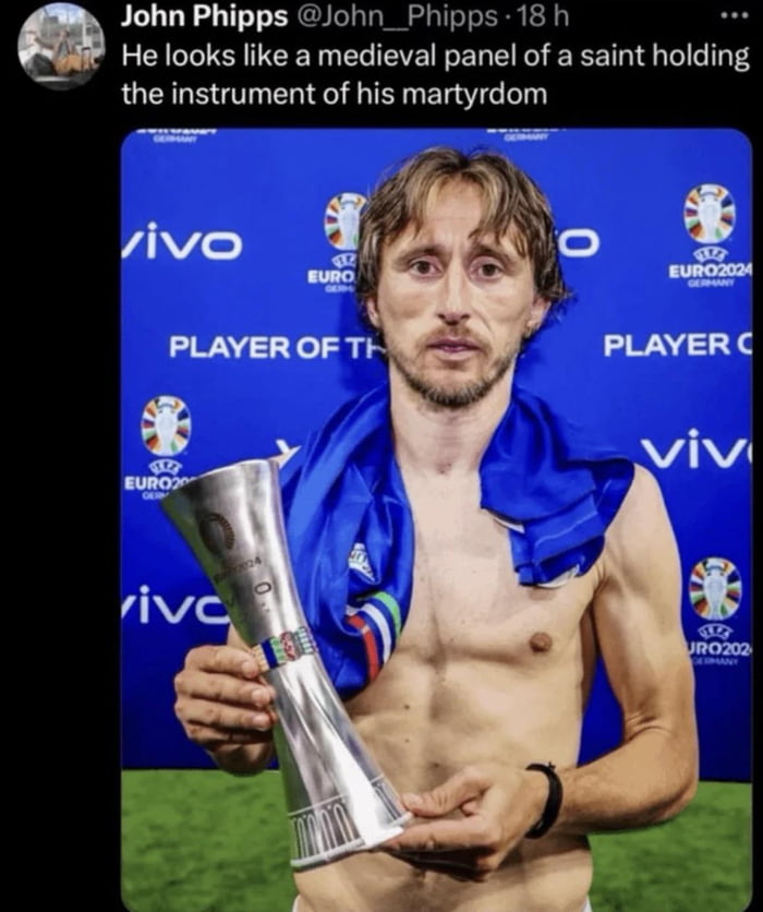 John Phipps @John_Phipps - 18 h He looks like a medieval panel of a saint holding the instrument of his martyrdom vivo EURO2024 GERMANY PLAYER OF TH