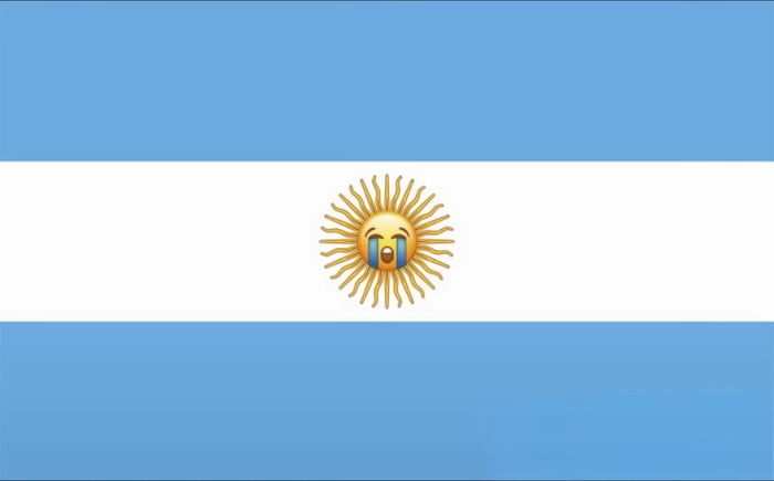Flag of Argentina with a crying face emoji replacing the Sun of May.