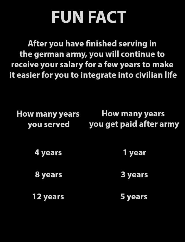 FUN FACT After you have finished serving in the german army you will continue to ECNITITEETEVA TR AVATET 8 U EL G NEECTS LT RYATRCRL Y T CRL RO TET RN AL ELVATEETE T ETVACETS you served you get paid after army ERCET 1year EACEL ERCEL IPACETH 5years