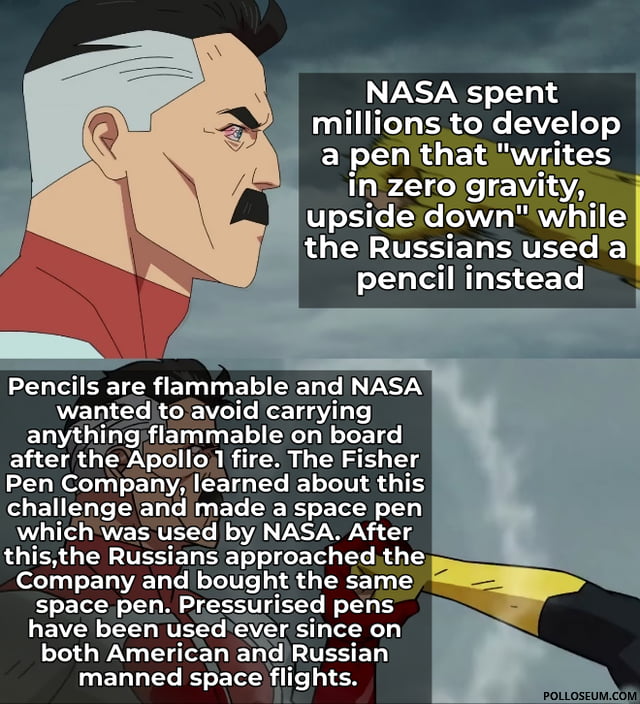 NASA spent millions to develop a pen that writes in zero gravity upsidedown while AGERE ET VEC NS CEL CELETEETER ETT EEE IVA ELL CE RCE RET TGV T T ELV GLE RET ETE LN TET after the Apollo fire The Fisher Pen Company learned about this challenge and made a space pen which was used by NASA After thisthe Russians approached the Company and bought the same space pen Pressurised pens have been used eve