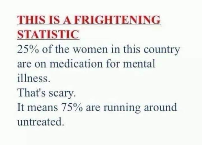 THIS IS A FRIGHTENING STATISTIC 25 of the women in this country are on medication for mental illness Thats scary It means 75 are running around untreated
