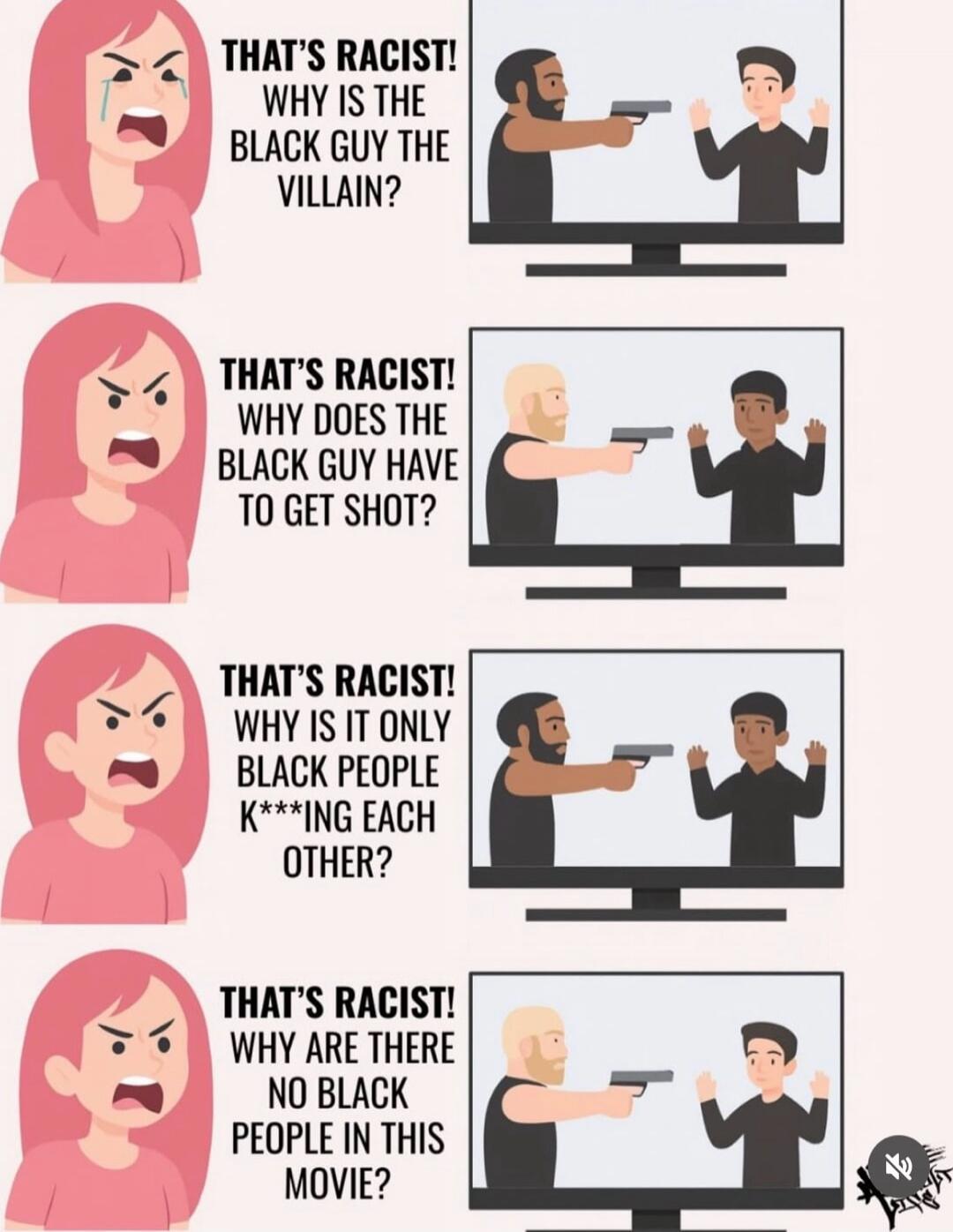 That's racist! Why is the Black guy the villain?
That's racist! Why does the Black guy have to get shot?
That's racist! Why is it only Black people k***ing each other?
That's racist! Why are there no Black people in this movie?