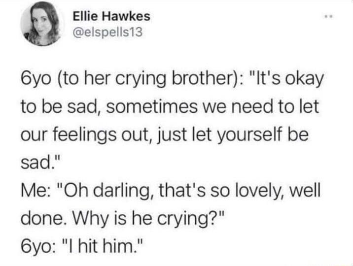 Ellie Hawkes elspells13 6yo to her crying brother Its okay to be sad sometimes we need to let our feelings out just let yourself be sad Me Oh darling thats so lovely well done Why is he crying 6yo I hit him