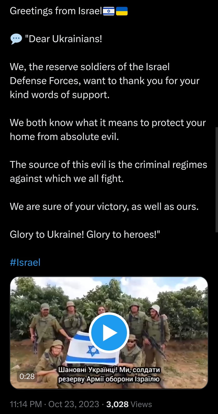 Greetings from Israe g ROLEUNEIELE We the reserve soldiers of the Israel Defense Forces want to thank you for your kind words of support We both know what it means to protect your home from absolute evil The source of this evil is the criminal regimes against which we all fight We are sure of your victory as well as ours Glory to Ukraine Glory to heroes lsrael 1114 PM Oct 23 2023 3028 Views
