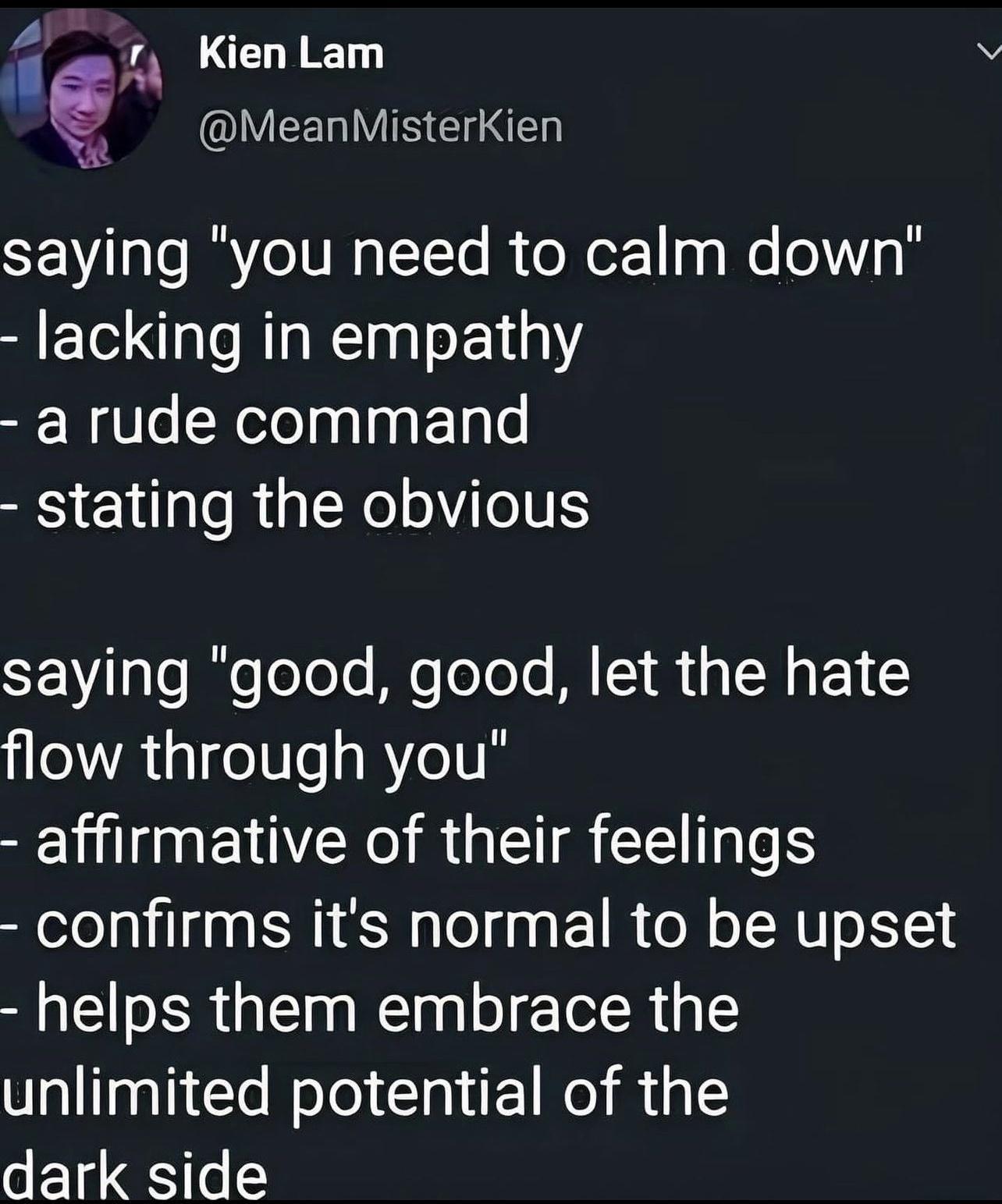 y t i g O CLEE L A QUEELIVINENED SEV o BT TR TTo i oNeZo1 0 o We 0V lacking in empathy a rude command stating the obvious saying good good let the hate flow through you L E R R G TR T confirms its normal to be upset helps them embrace the ol il Nelo CINEIReI A1 1 dark side